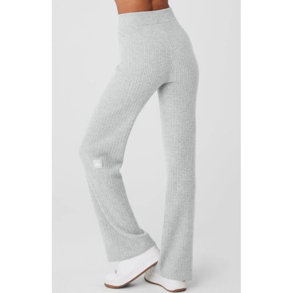 Alo Cashmere High-Waist Plush Waffle Pants Athletic Heather Grey Hi-Rise Sweater